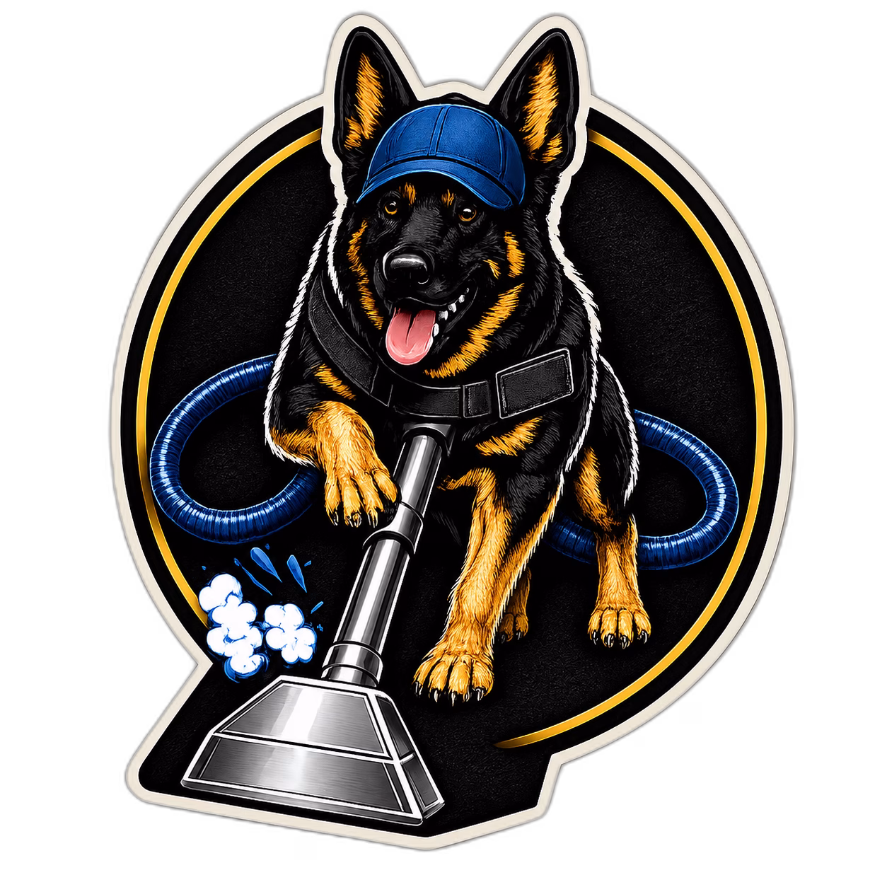 Superior Carpet and Tile Cleaning mascot — Randy the German Shepherd riding a carpet cleaning wand